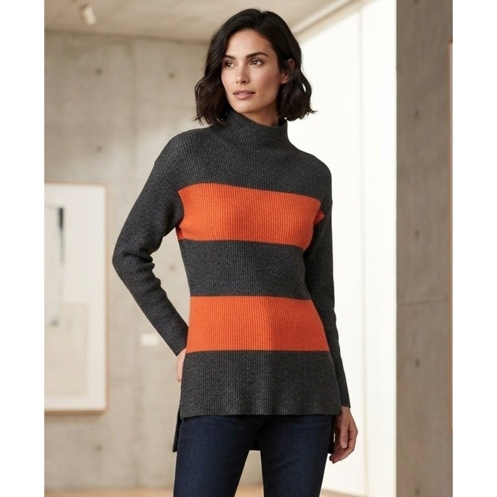 Neiman Marcus Striped Cashmere Sweater Women's M Grey Orange Mock Neck Travel